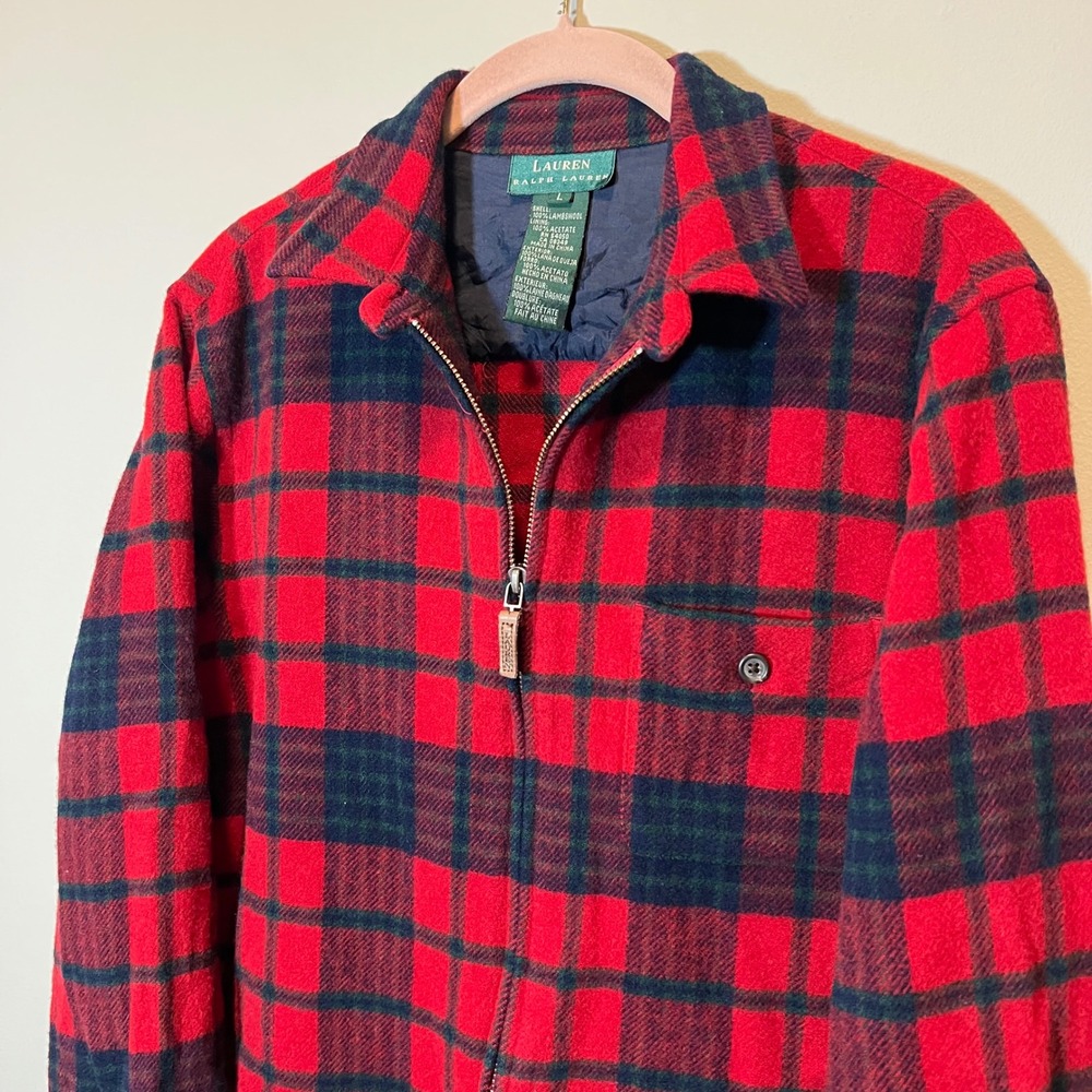 Lauren Ralph Lauren Red Plaid 100% Lambswool Full Zip Shirt Jacket Men's Large - Picture 2 of 11